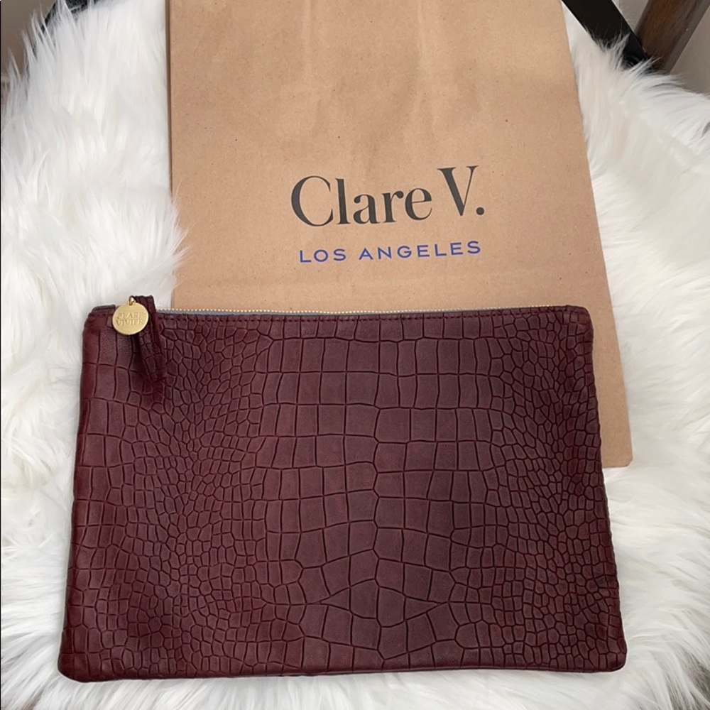 Clare Vivier Cognac Leather Crocodile Style Clutch